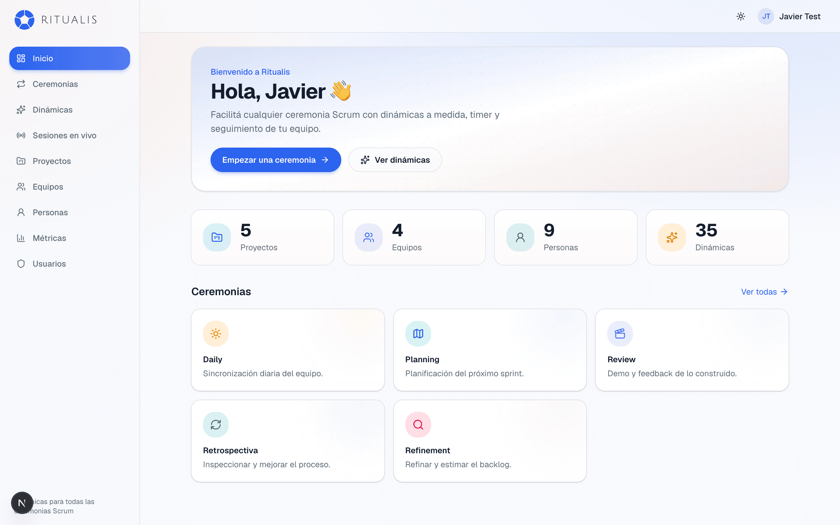 Panel de Ritualis con proyectos, equipos, personas y las ceremonias.